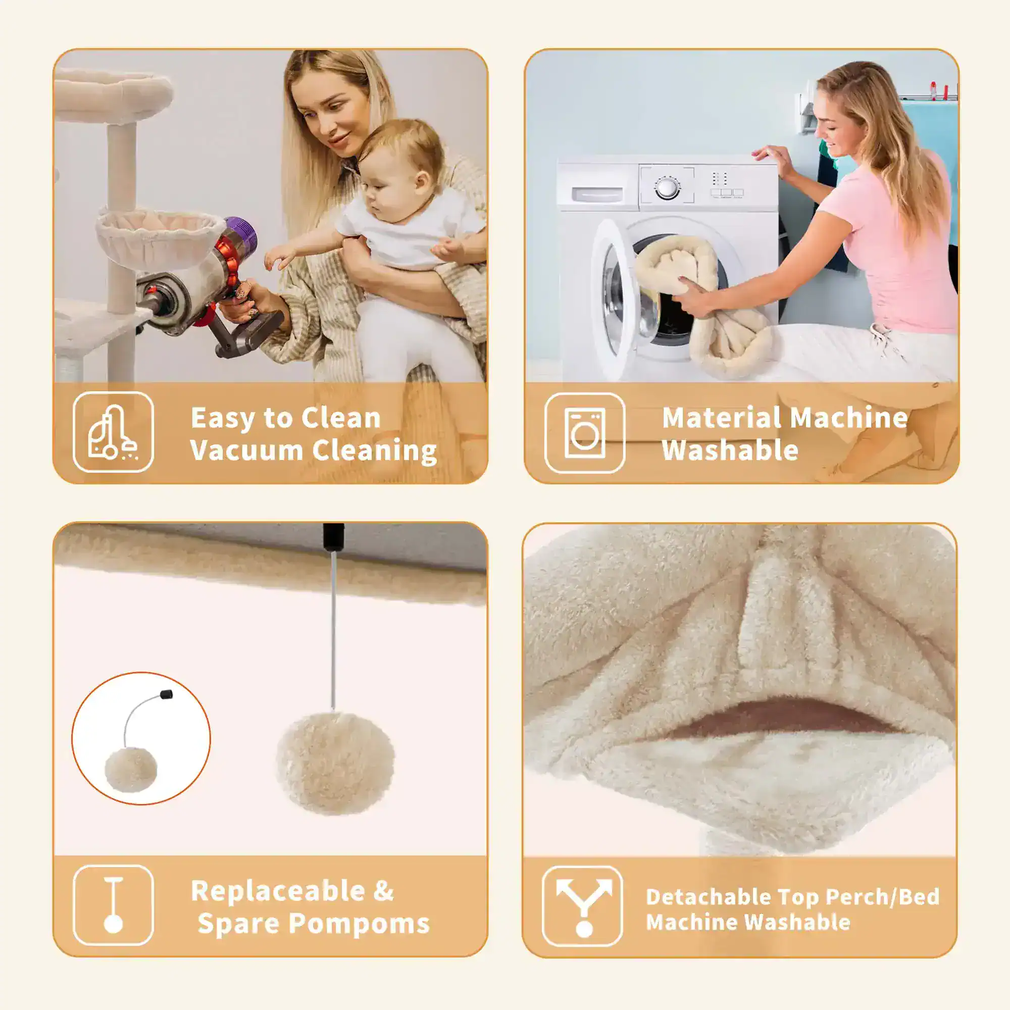 Vacuum cleaner with plush roller attachment, washable laundry machine soft pompom, and washable plush top perches for pet beds or furniture cleaning for pet owners and caregivers.