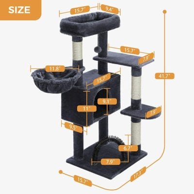 Premium multi-level cat tree with scratching posts, cozy platforms, and spacious resting areas for cats, measuring 41.7 inches tall, ideal for cat lovers.