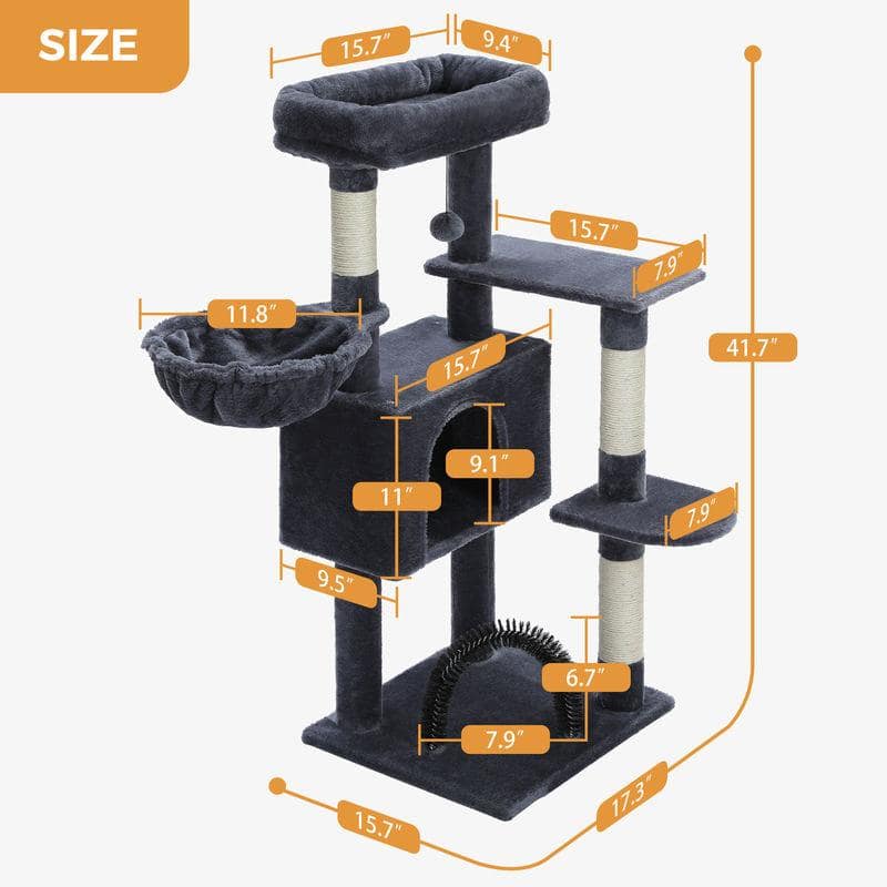 Premium multi-level cat tree with scratching posts, cozy platforms, and spacious resting areas for cats, measuring 41.7 inches tall, ideal for cat lovers.