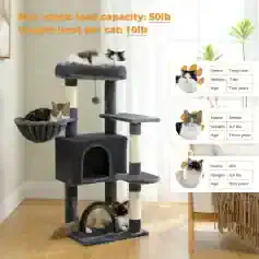 Fluffy multi-level cat tree with five cats lounging and playing, with informational labels about each cat's name, weight, and age, placed in a bright, modern living room setting.