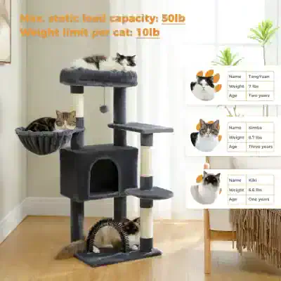Fluffy multi-level cat tree with five cats lounging and playing, with informational labels about each cat's name, weight, and age, placed in a bright, modern living room setting.