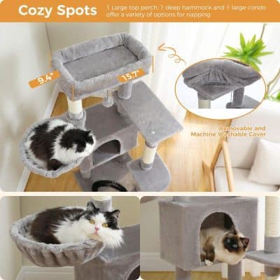 Soft plush cat tree with multiple levels and cozy lounging spots, removable washable covers, ideal for small pets.