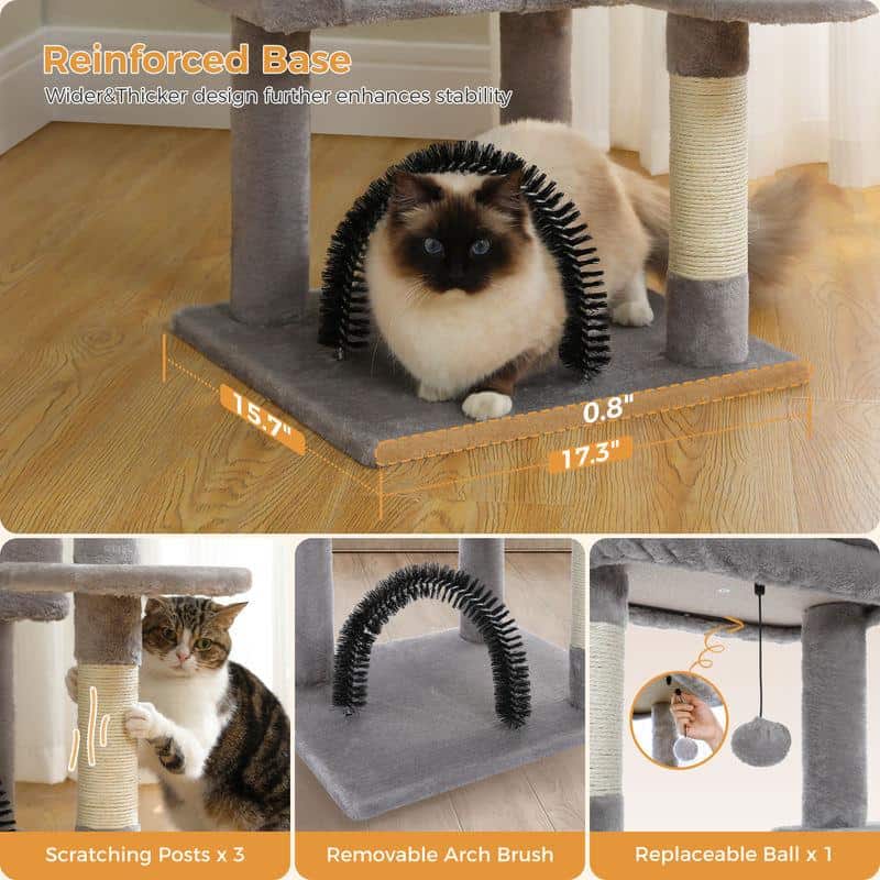 Soft, durable cat tree with reinforced base for stability, featuring scratching posts, removable arch brush, and replaceable ball toy, ideal for keeping cats entertained and engaged.