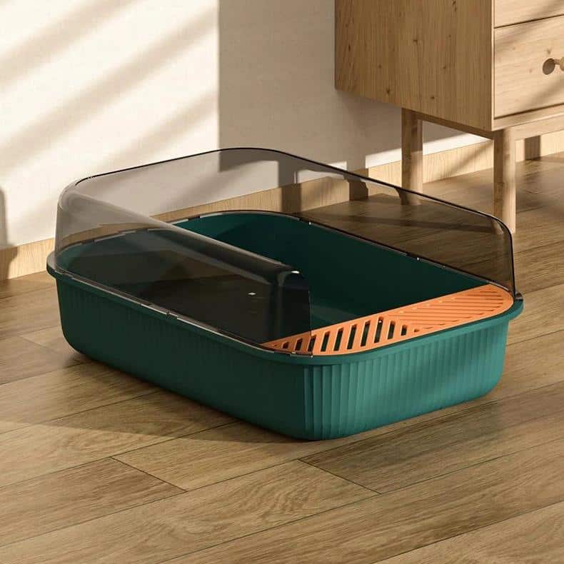 Sleek modern pet litter box with privacy shield, made of durable plastic and stylish design perfect for indoor cats. Designed for easy cleaning and comfortable use.