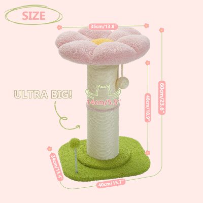 Fluffy pink and green cat tree with large soft flower top, sisal scratching post, cozy hiding spots, and various platforms for cats to perch, perfect for pet entertainment and scratching.