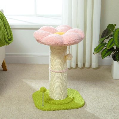 Pink flower-shaped cat scratching post with a beige base, green turf, and interior scratching area, ideal for pets' entertainment and scratching needs.