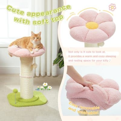 Soft, cozy cat tree with plush flower top, perfect for feline relaxation. Easily removable and washable, providing a warm rest space for your kitty.