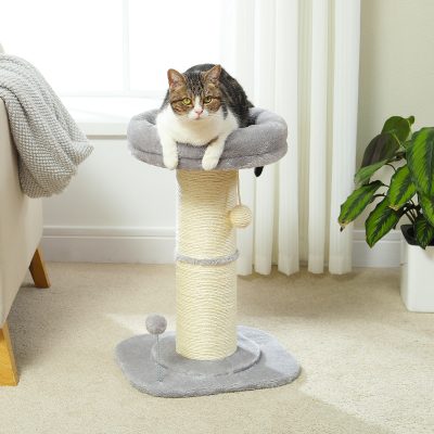 Soft gray and beige cat tree with a plush top, perfect for cats to relax and play, featured in a cozy home with natural light and houseplants.
