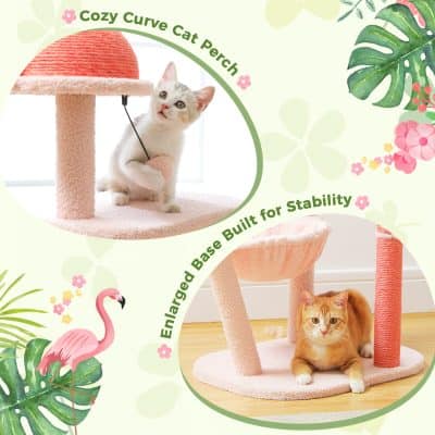 Fluffy pink cat tree with scratching post and cozy perch, ideal for cats, modern pet furniture for stability and comfort, pink and white design from Monalisa Store.