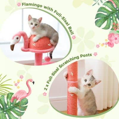 Flamingo cat scratcher with plush full sisal ball, pink flamingo-themed indoor cat toy, durable and engaging scratching post for kittens and cats.