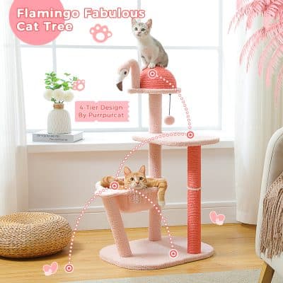 Flamingo cat tree with multiple platforms and scratching posts, designed with a 4-tier structure for cats to play, climb, and rest comfortably. Stylish pink pet furniture from Monalisa Store.