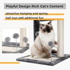 Fluffy cat play tower with hanging balls and spring toys, ideal for feline entertainment and exercise. Perfect for cat lovers seeking stylish, durable cat furniture to enhance their pet's playtime experience.