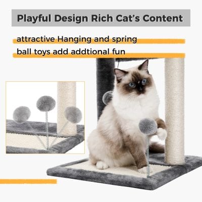 Fluffy cat play tower with hanging balls and spring toys, ideal for feline entertainment and exercise. Perfect for cat lovers seeking stylish, durable cat furniture to enhance their pet's playtime experience.
