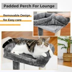 Soft gray plush cat tree with padded perch for lounge and removable cover for easy cleaning, ideal for pet comfort and modern home decor.