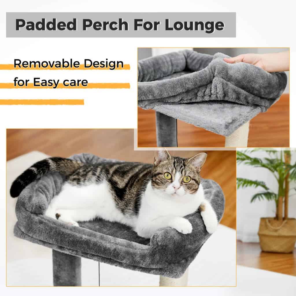 Soft gray plush cat tree with padded perch for lounge and removable cover for easy cleaning, ideal for pet comfort and modern home decor.