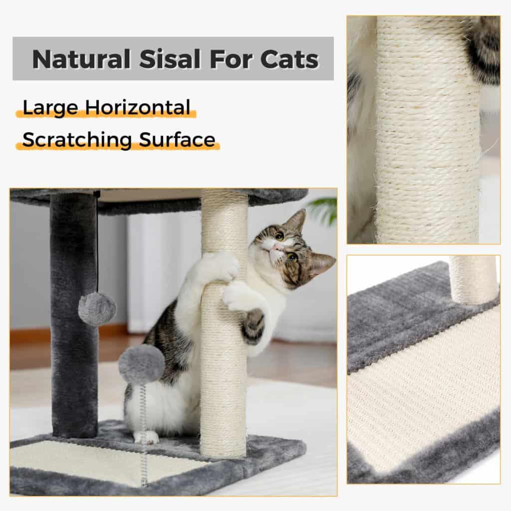 Soft sisal scratching post for cats with large horizontal surface and textured scratching area, perfect for feline play and exercise.