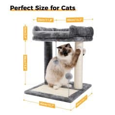 Soft, plush cat tree with multiple platforms, scratching posts, and hanging toys for cats' entertainment and exercise. Perfect for small to medium cats, enhancing their play area and comfort.