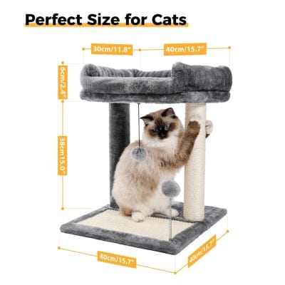 Soft, plush cat tree with multiple platforms, scratching posts, and hanging toys for cats' entertainment and exercise. Perfect for small to medium cats, enhancing their play area and comfort.