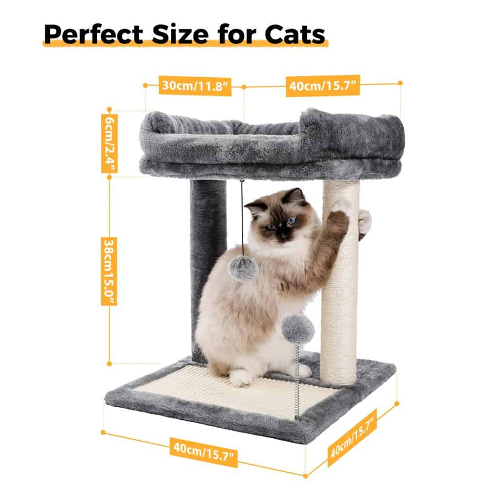 Soft, plush cat tree with multiple platforms, scratching posts, and hanging toys for cats' entertainment and exercise. Perfect for small to medium cats, enhancing their play area and comfort.