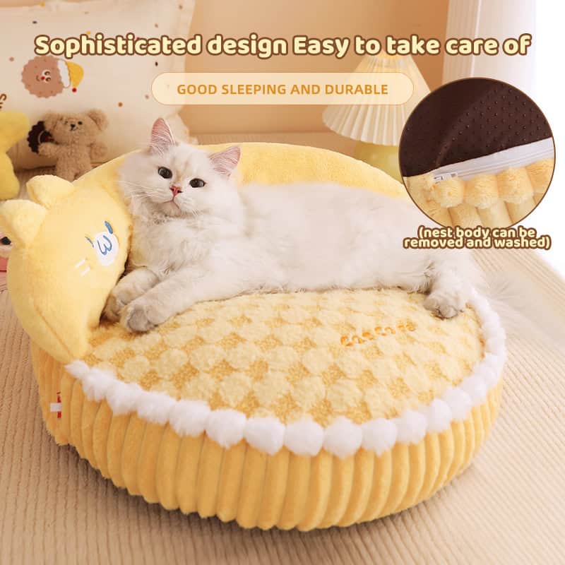 Soft plush cat bed with removable and washable nested body, ideal for comfortable and durable sleep for cats, featuring sophisticated design and easy maintenance.