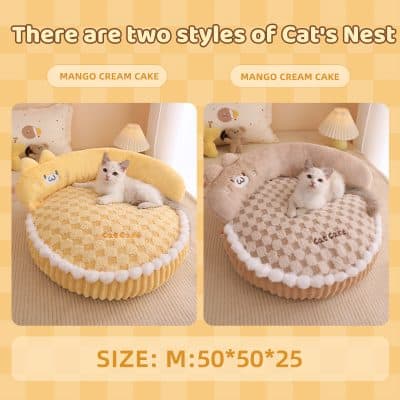 Soft plush cat bed with mango cream cake design, perfect for small cats, cozy and stylish pet accessories, available at Monalisa Store.