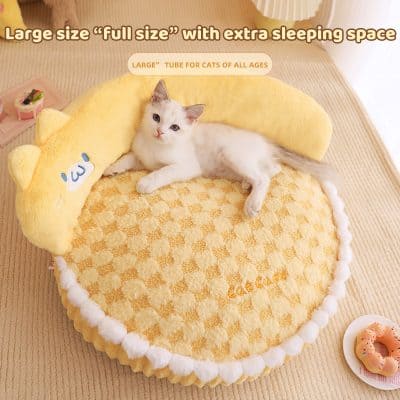 Soft plush cat bed in yellow with a large tube for cats of all ages, providing extra sleeping space and comfort, ideal for pet owners seeking cozy, high-quality pet accessories.
