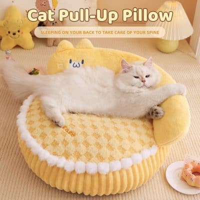 Soft cat pull-up pillow on a cozy yellow bed, designed for comfortable back support and pet relaxation, perfect to elevate your feline friend's lounging experience.
