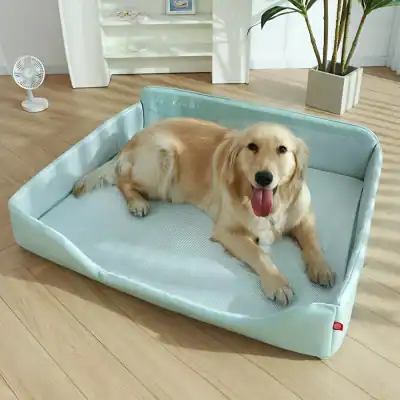 Cute golden retriever lying on Monalisa Pet Bed, perfect for small to medium dogs. Comfortable, durable, and stylish pet bedding for a cozy rest at home.