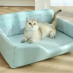 Fluffy beige cat lying on a pet bed, cozy and comfortable, ideal for pet relaxation, showcasing pet furniture from Monalisa Store.