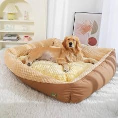 Luxurious dog bed in soft beige and cream, perfect for small to medium-sized pets, featuring plush cushioning for comfort.