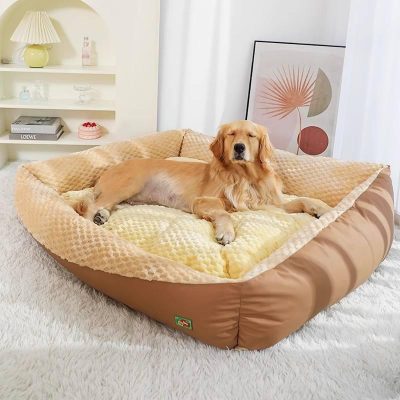Luxurious dog bed in soft beige and cream, perfect for small to medium-sized pets, featuring plush cushioning for comfort.