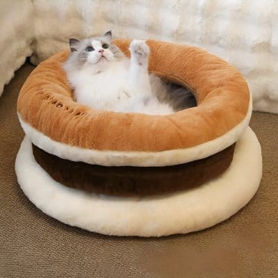 Fluffy white and gray cat lounging on a cozy multi-colored pet bed, ideal for relaxation and comfort. Perfect for pet lovers seeking stylish and comfortable cat beds from Monalisa Medical Store.