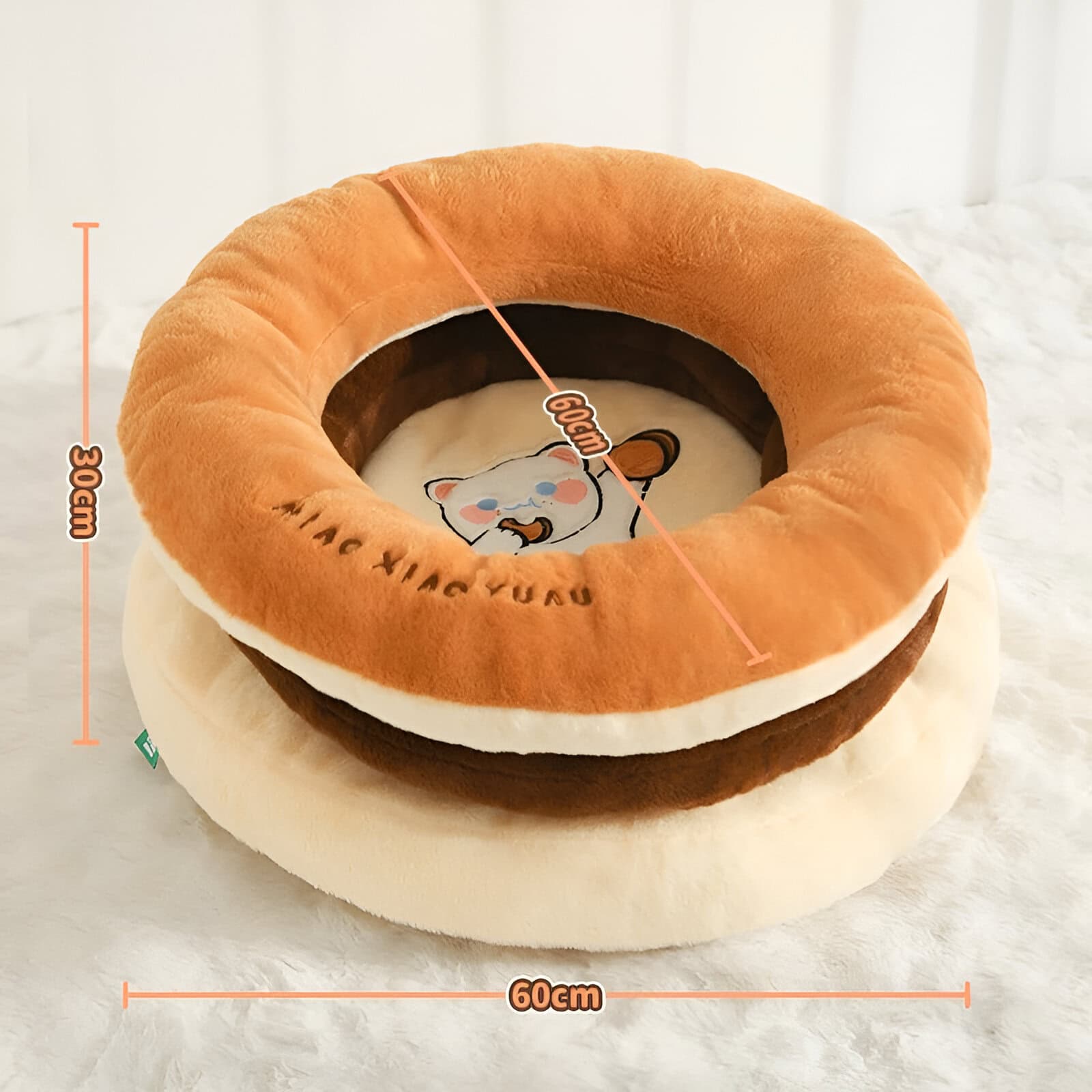 Soft plush cat bed with a snack-inspired donut design, 60cm diameter and 30cm height, perfect for cozy pet relaxation in stylish home decor.