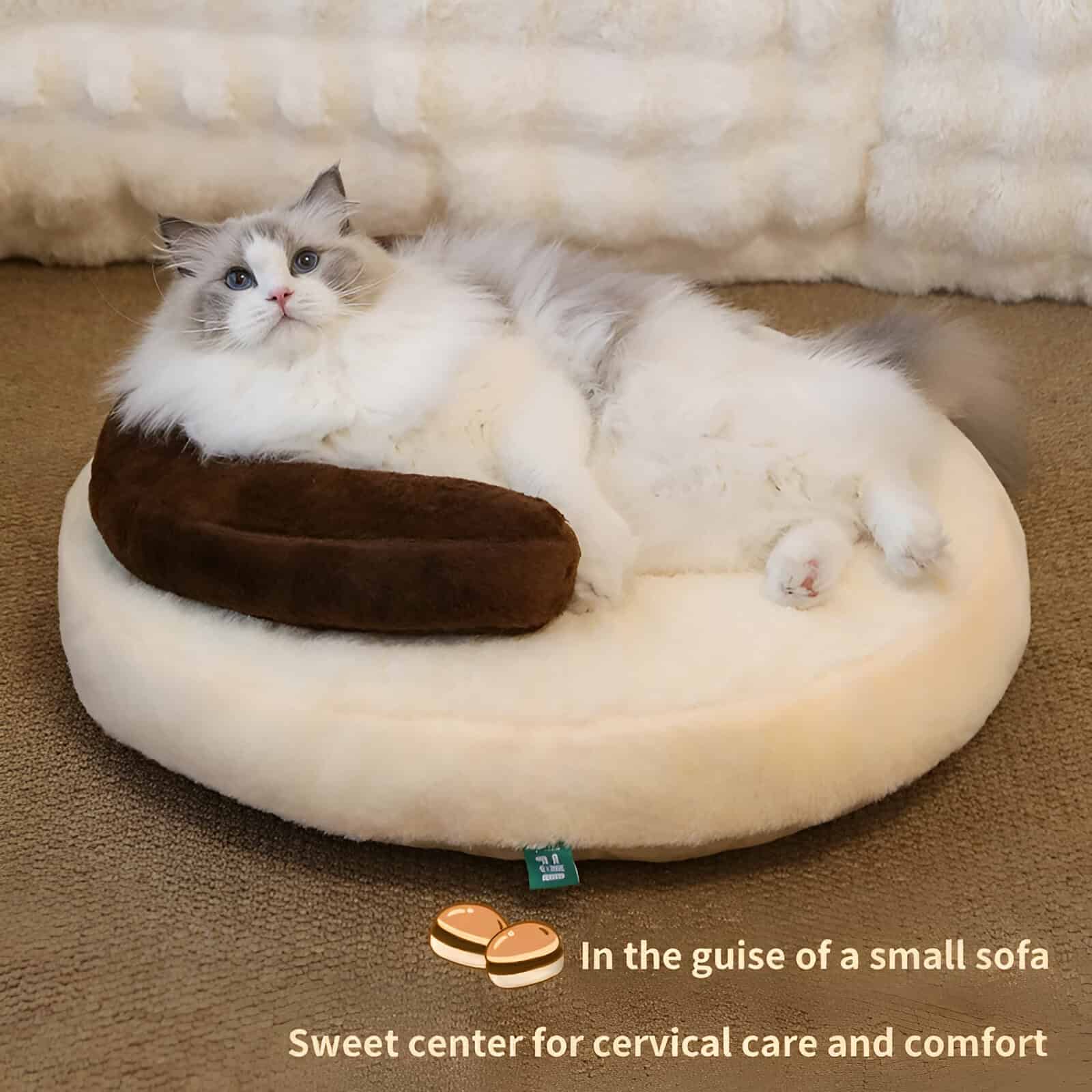 Relaxing cat on plush pet sofa, ideal for cozy cervical care and comfort. Perfect for pet relaxation and health support, combining softness with ergonomic design. Suitable for small to medium cats.
