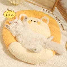 Soft fluffy cat sleeping on a cozy bear-themed round pet bed, ideal for comfort and relaxation.