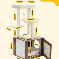 White multi-level cat tree with scratching posts, hanging toy, and cozy platform for cats, featuring detailed measurements for optimal pet comfort.