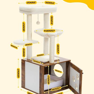 White multi-level cat tree with scratching posts, hanging toy, and cozy platform for cats, featuring detailed measurements for optimal pet comfort.