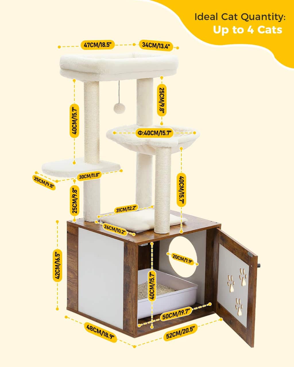 White multi-level cat tree with scratching posts, hanging toy, and cozy platform for cats, featuring detailed measurements for optimal pet comfort.