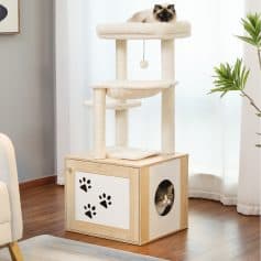 A luxurious multi-level cat tree with a cozy top perch featuring two cats resting, a scratching post, and cube-shaped hiding spots with paw print designs, ideal for a stylish and fun feline play area.