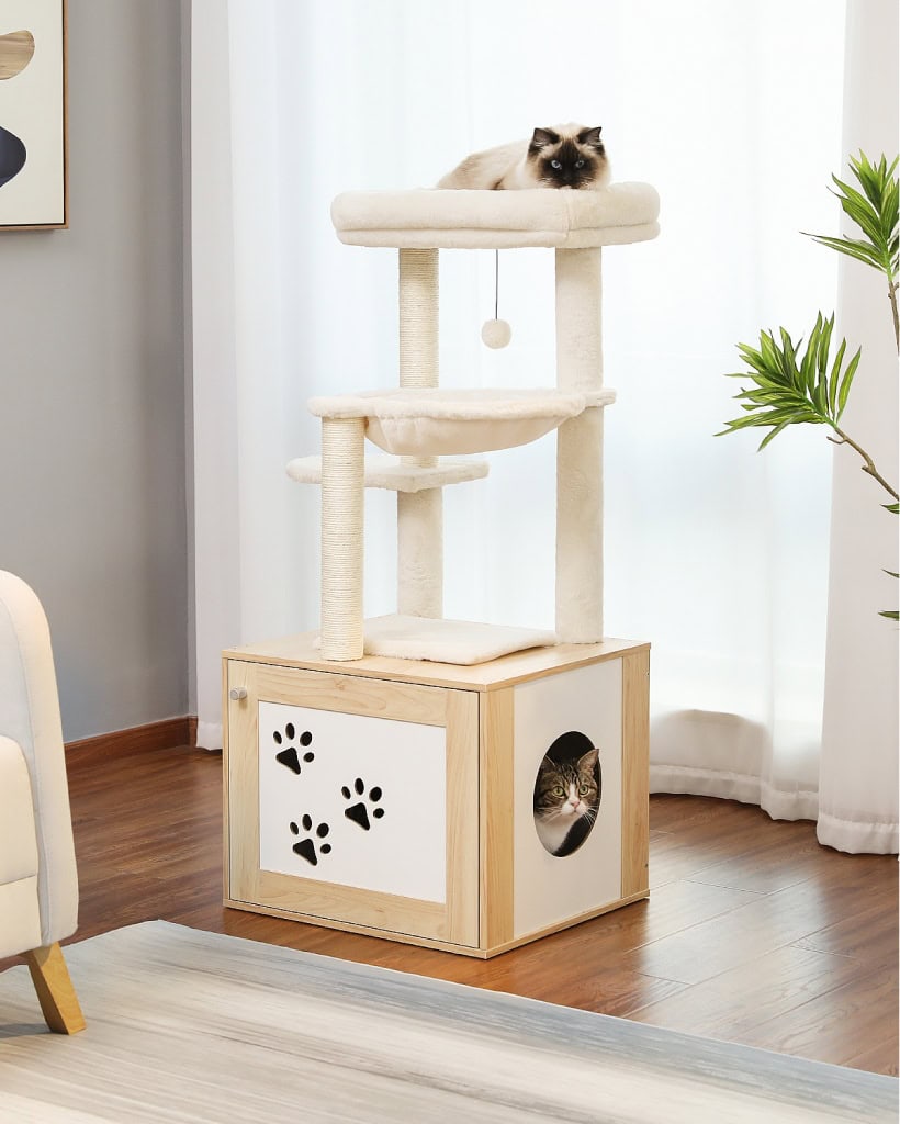 A luxurious multi-level cat tree with a cozy top perch featuring two cats resting, a scratching post, and cube-shaped hiding spots with paw print designs, ideal for a stylish and fun feline play area.