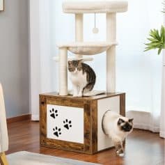 Cat scratching post with cozy hideout and multi-level perches, perfect for pet entertainment and exercise.