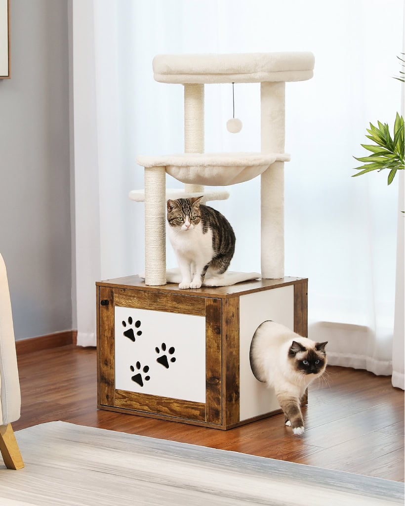 Cat scratching post with cozy hideout and multi-level perches, perfect for pet entertainment and exercise.