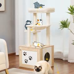 Aesthetic multi-level cat tree with scratching posts, cozy lounging areas, and playful design, perfect for indoor pet entertainment.