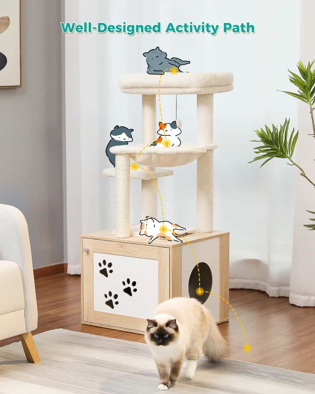 Aesthetic multi-level cat tree with scratching posts, cozy lounging areas, and playful design, perfect for indoor pet entertainment.
