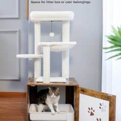Cat tree with storage space for cats' belongings and litter box, ideal for pet owners seeking a functional and stylish cat furniture solution, featured at Monalisa Medical Store.
