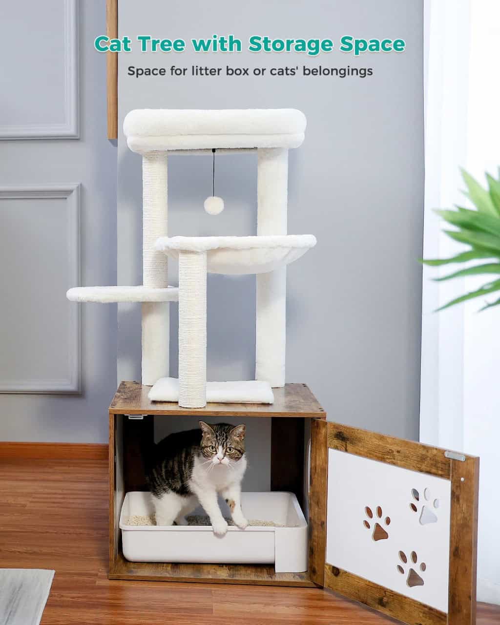 Cat tree with storage space for cats' belongings and litter box, ideal for pet owners seeking a functional and stylish cat furniture solution, featured at Monalisa Medical Store.