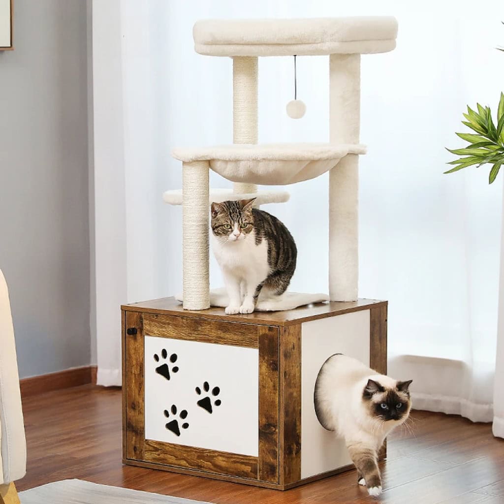 Two cats playing around a multi-level cat tree in a cozy home environment, providing entertainment and comfort for pets.