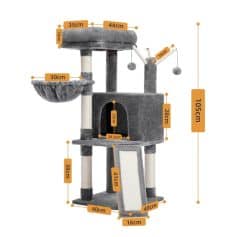 Soft grey multi-level cat tree with various platforms, scratching posts, and cozy hideouts, perfect for cats' exercise and relaxation.