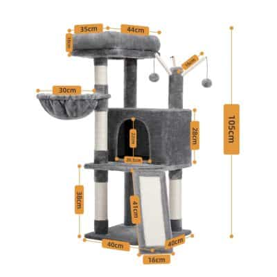 Soft grey multi-level cat tree with various platforms, scratching posts, and cozy hideouts, perfect for cats' exercise and relaxation.