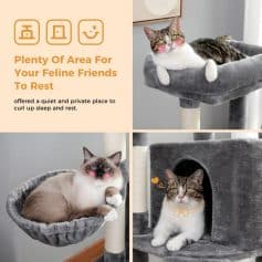 Fluffy gray and white cat lounging on a gray cat tree, cozy pet furniture for cats, comfortable pet resting space for cats at Monalisa Store.